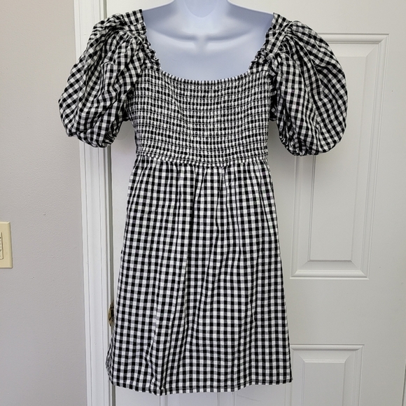Abound Black White Gingham Checked Puff Sleeve Ruched Back Mini Dress Size M - Picture 6 of 11